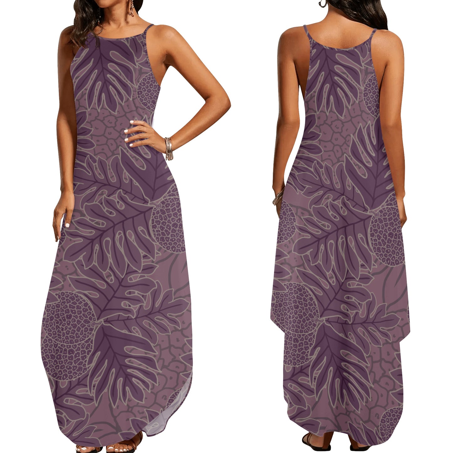 Ulu Breadfruit Hawaiian Print Purple Sleeveless Dress with Side Slits