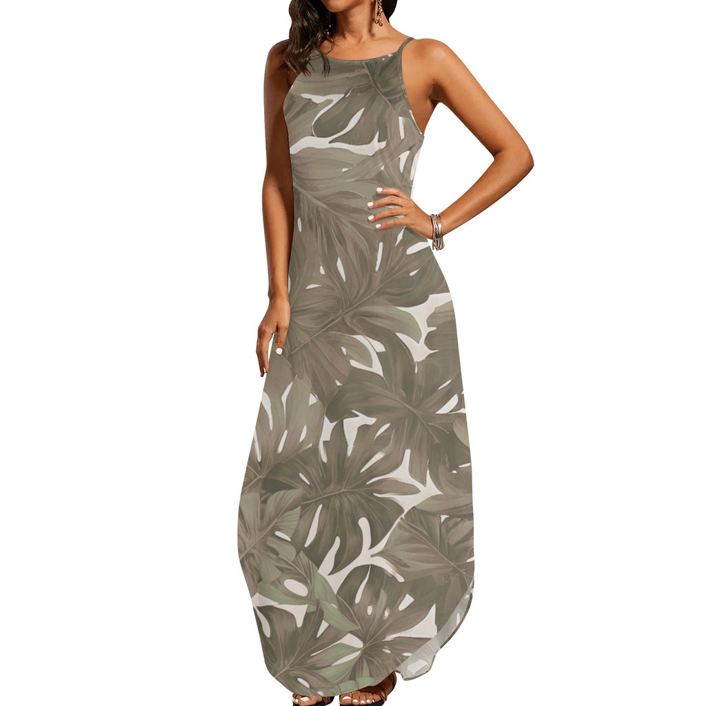 Monstera Neutral Hawaiian Print Sleeveless Dress with Side Slits