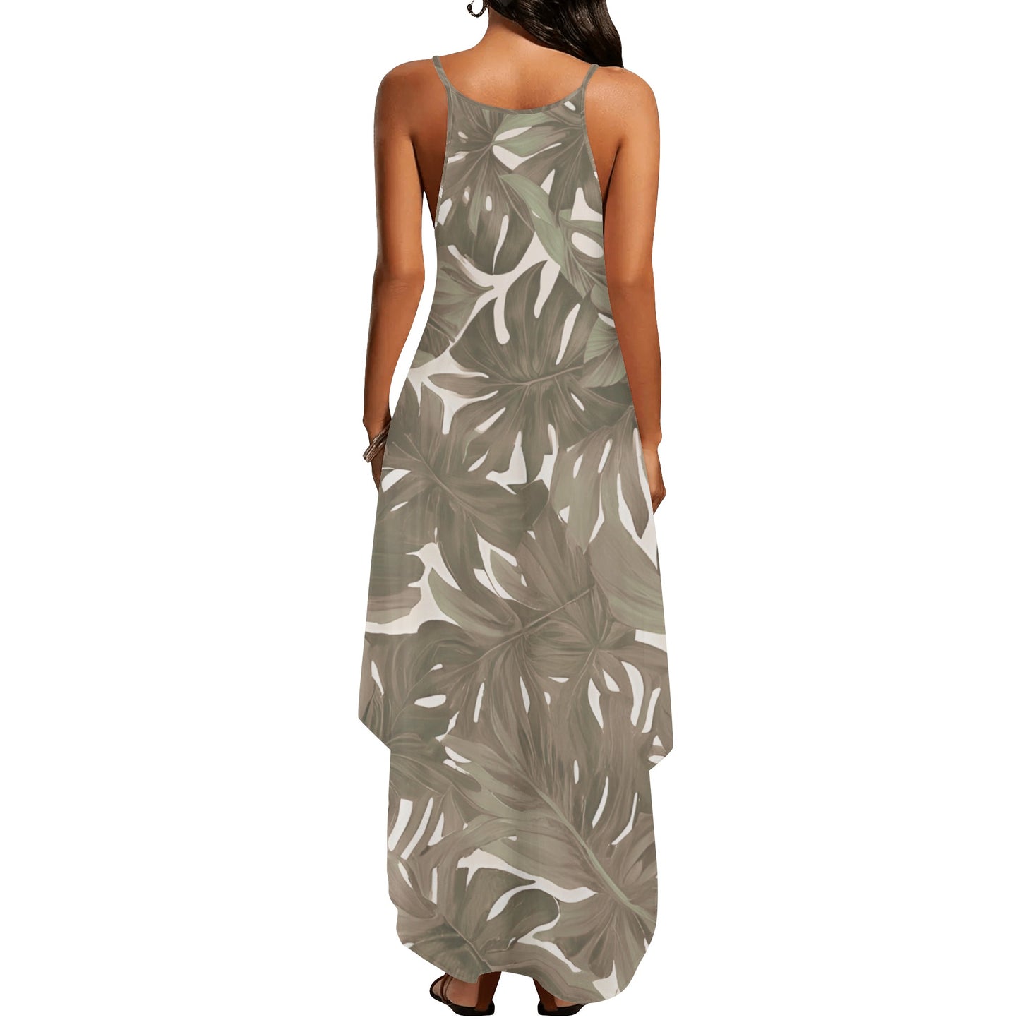 Monstera Neutral Hawaiian Print Sleeveless Dress with Side Slits