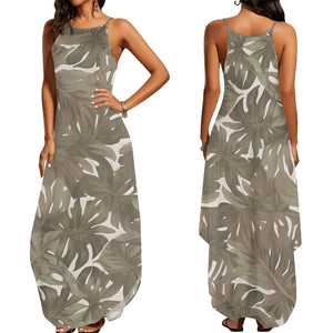 Monstera Neutral Hawaiian Print Sleeveless Dress with Side Slits