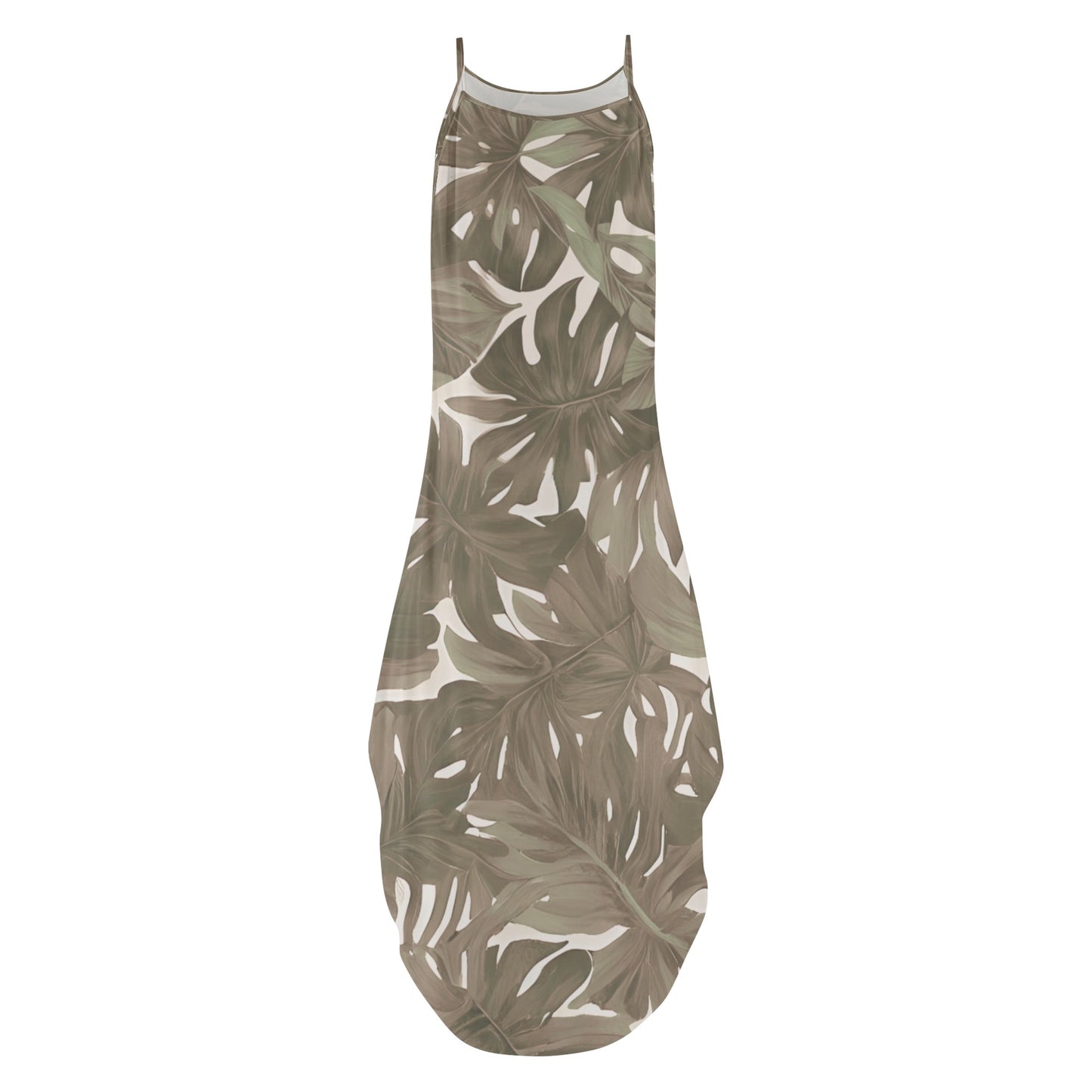 Monstera Neutral Hawaiian Print Sleeveless Dress with Side Slits