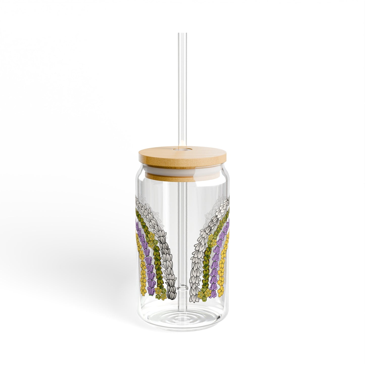 Hawaiian Lei Rainbow Glass Can Cup Sipper Glass Tumbler, 16oz with Lid - Pikake, Crown Flower Pua Kalaunu, Pakalana, Puakenikeni