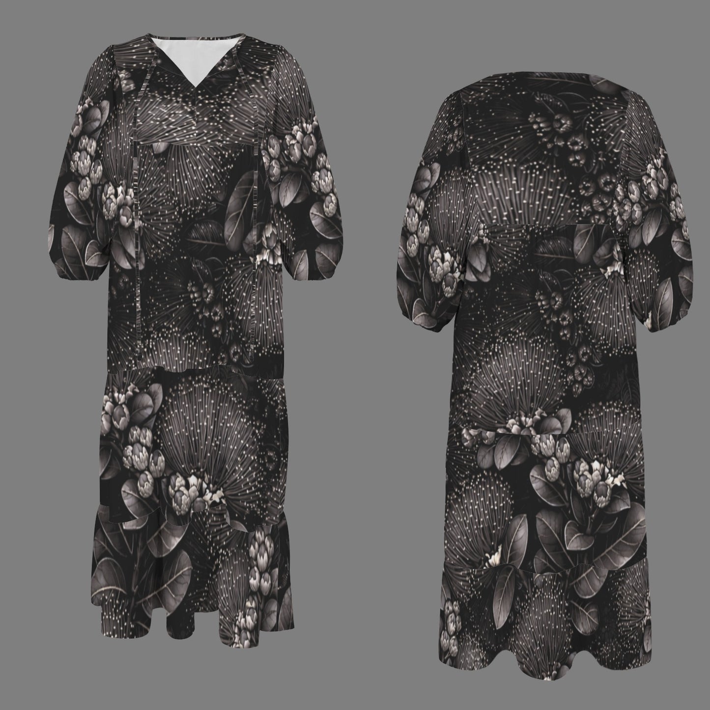 Pauahi Mu'u mu'u maxi dress - 'ōhiʻa lehua in Black and Gray