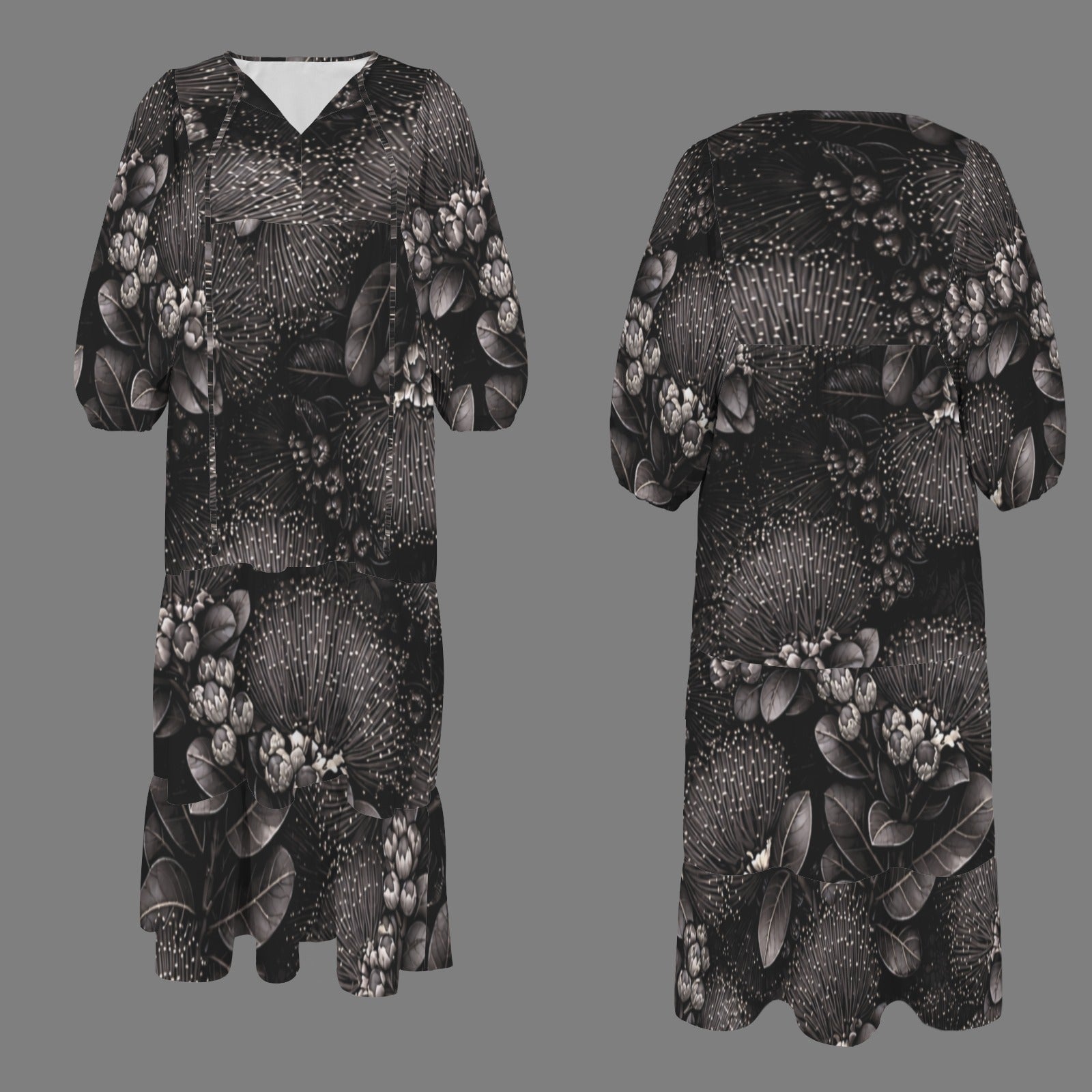 Pauahi Mu'u mu'u maxi dress - 'ōhiʻa lehua in Black and Gray