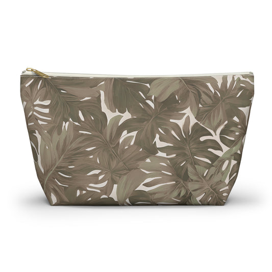 Monstera Neutral Tropical Hawaiian Print Accessory Pouch w T-bottom