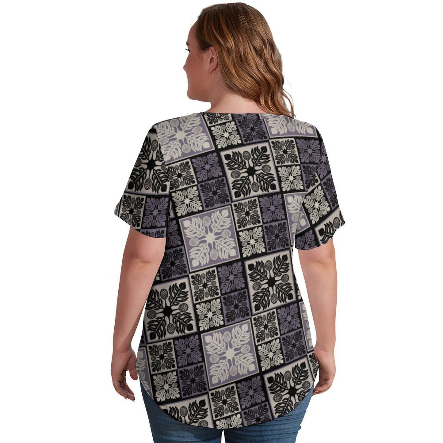 Kapa Kuiki Hawaiian Quilt Print, Keahi V-Neck Short-Sleeve Shirt - Purple
