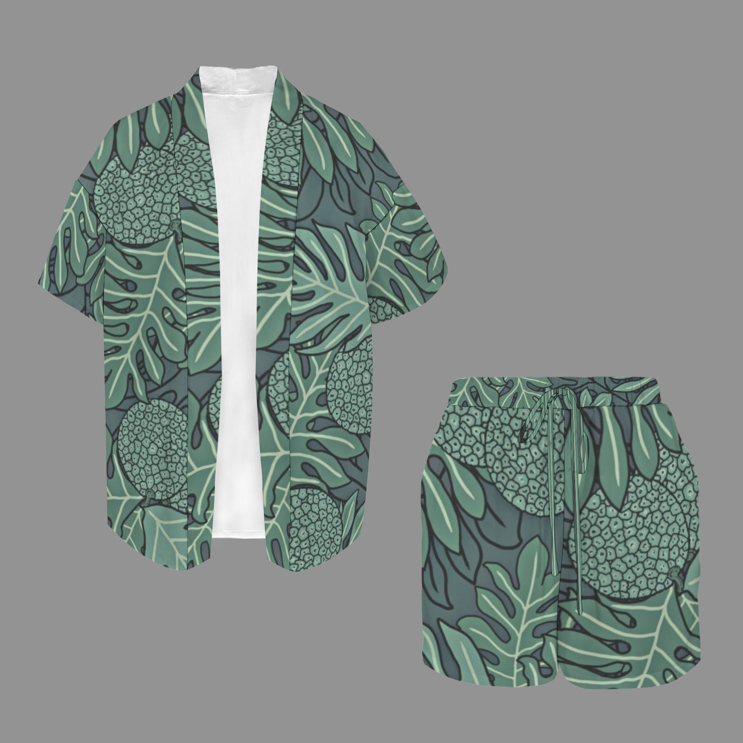 Hunnie Girl 2 PC Set - Open Front Kimono Blouse with Drawstring Waist Shorts - Ulu Green & Blue