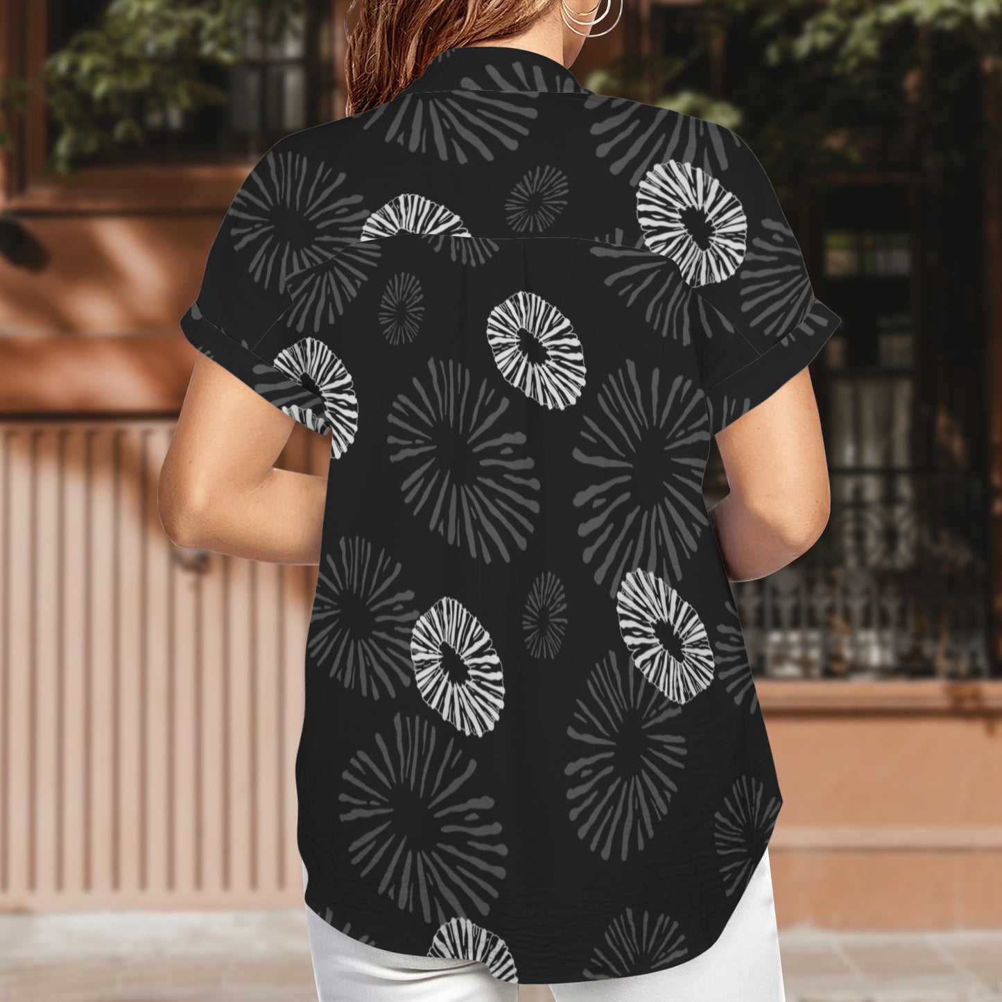 'Opihi Hawaiian Print Harmony Blouse, Women's Short Sleeve Button Down Shirt -  Black and Gray