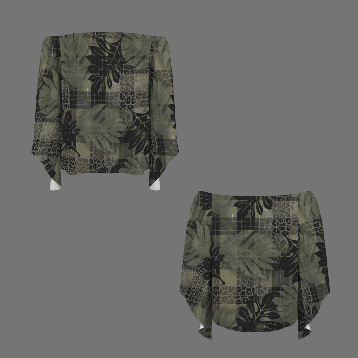 Ulu and Palaka Print Kolonahe Off Shoulder Trumpet Sleeve blouse - green and black