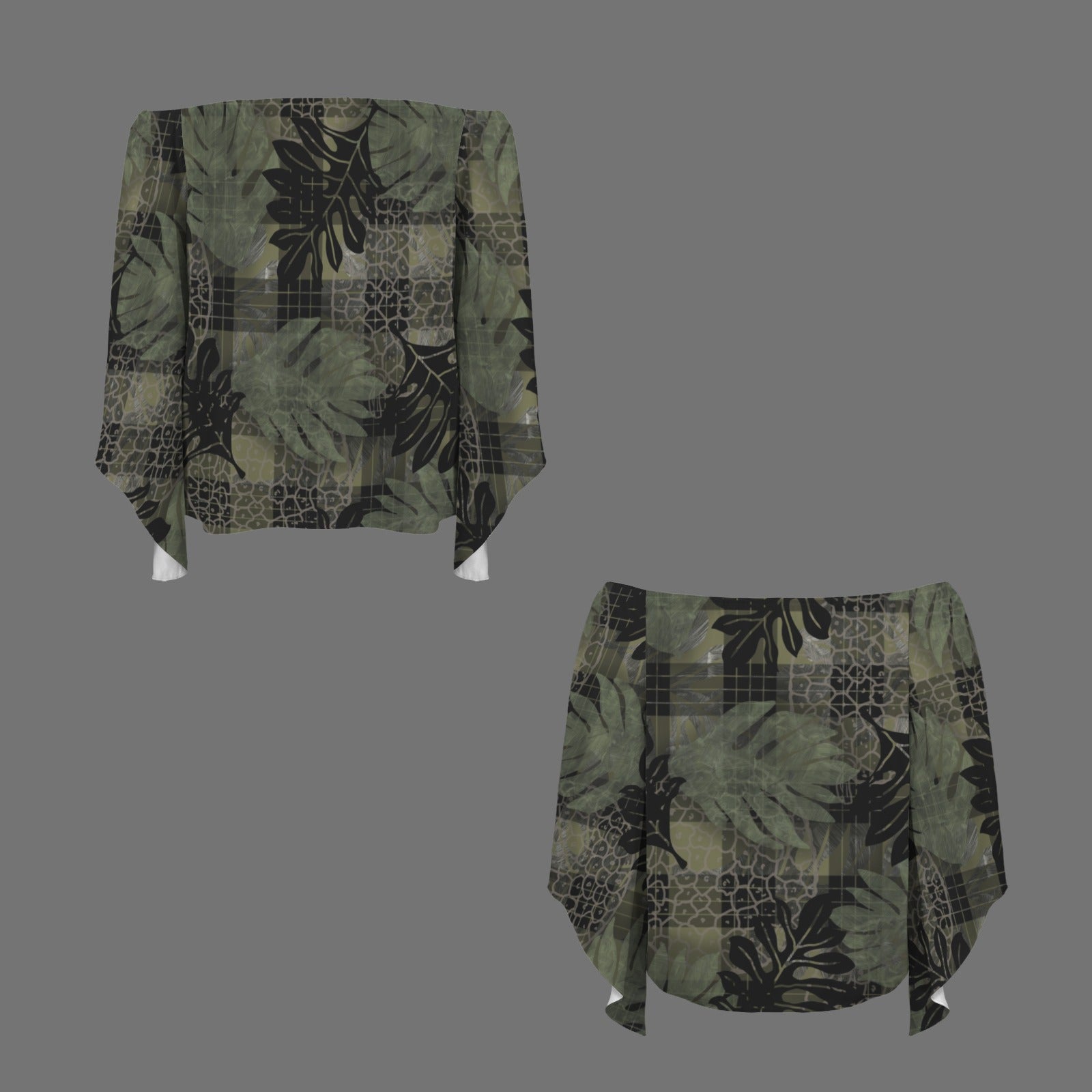 Ulu and Palaka Print Kolonahe Off Shoulder Trumpet Sleeve blouse - green and black
