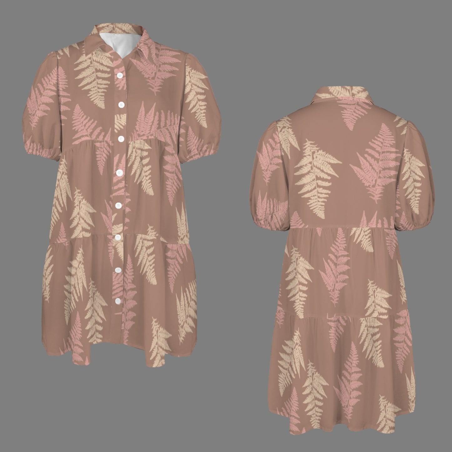 Puʻuwai Hawaiian Fern Button down Puff sleeve dress in mocha and mauve