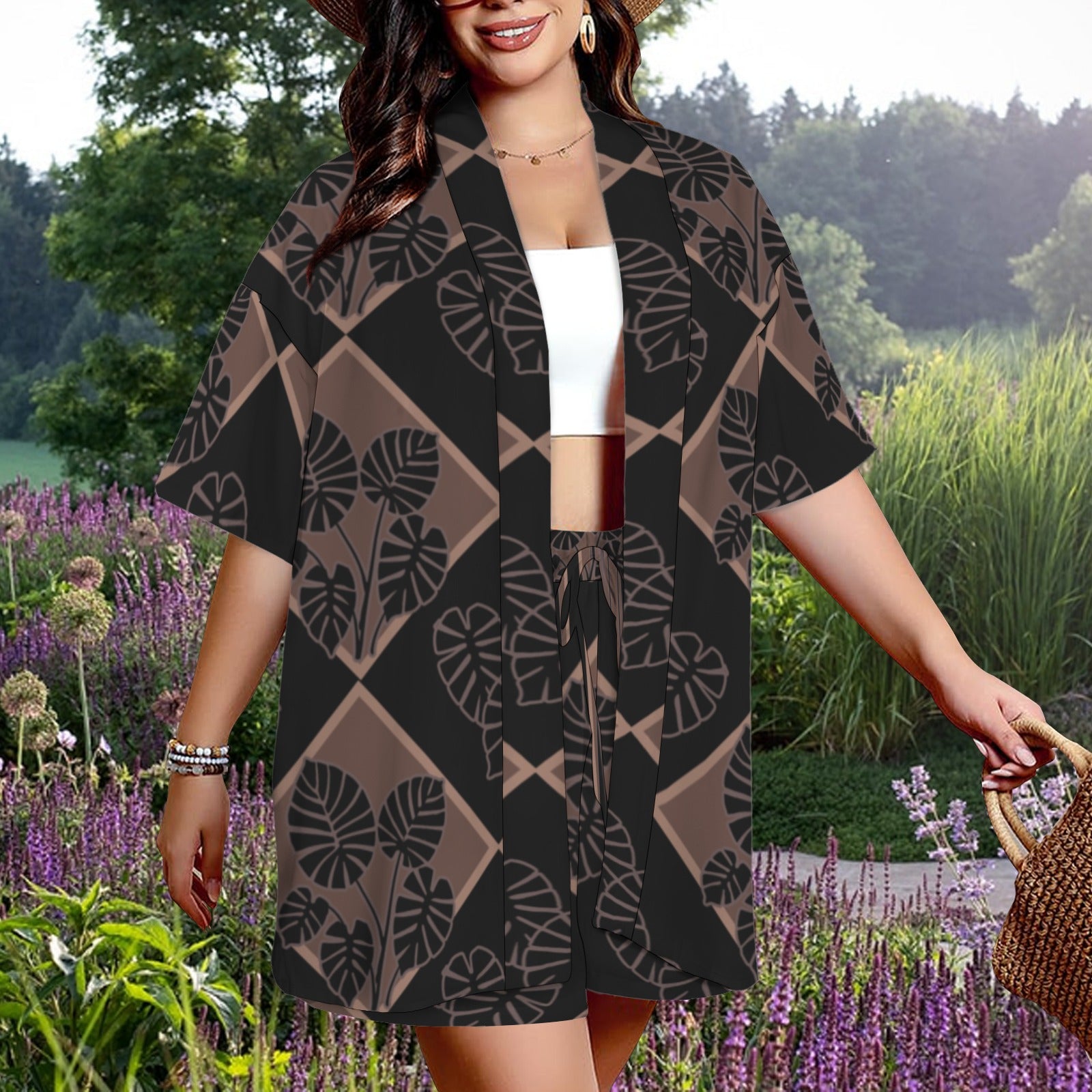 Hunnie Girl 2 PC Set - Open Front Kimono Blouse with Drawstring Waist Shorts - Kalo Quilt Black Mocha