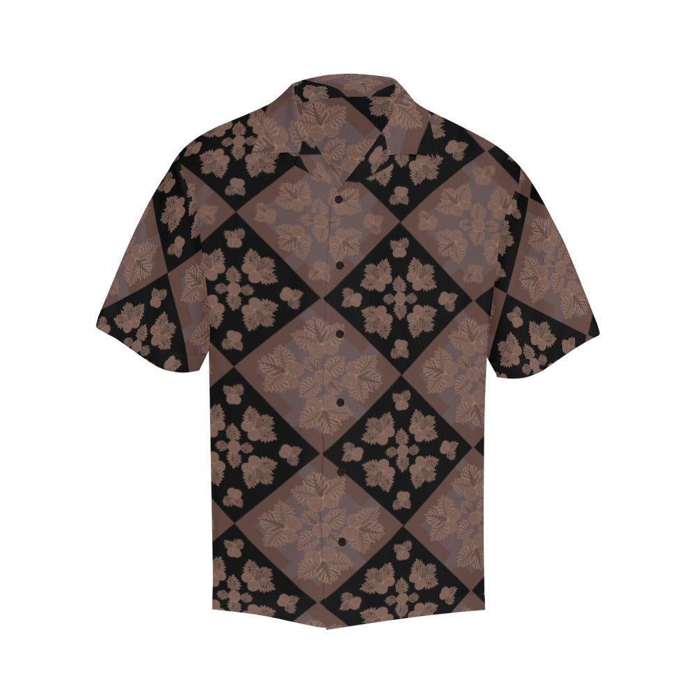 Ulu Quilt Design - Menʻs Aloha Shirt, Chocolate Mocha and Black Hawaiian Shirt