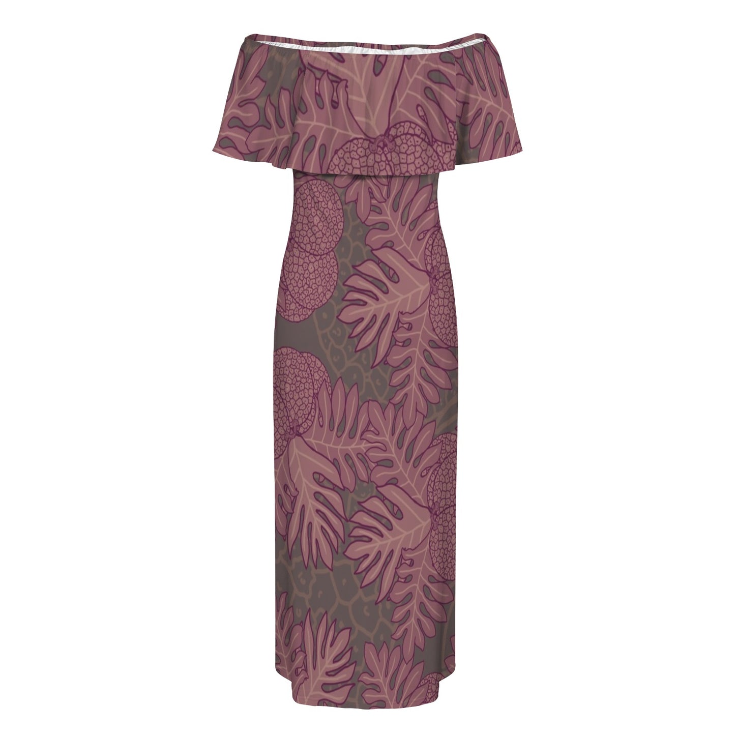 Ulu Breadfruit Hawaiian Print Off Shoulder Maxi Style Dress - Pink and Brown