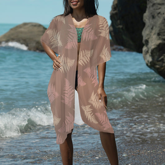 Hawaiian Fern Mocha and Mauve Long Kimono Chiffon Cover Up