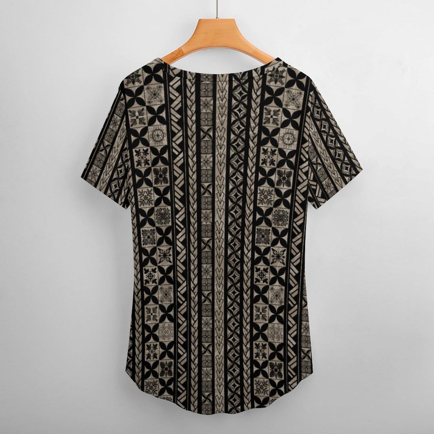 Kapa Kakau Hawaiian Print, Keahi V-Neck Short-Sleeve Shirt - Beige and Black