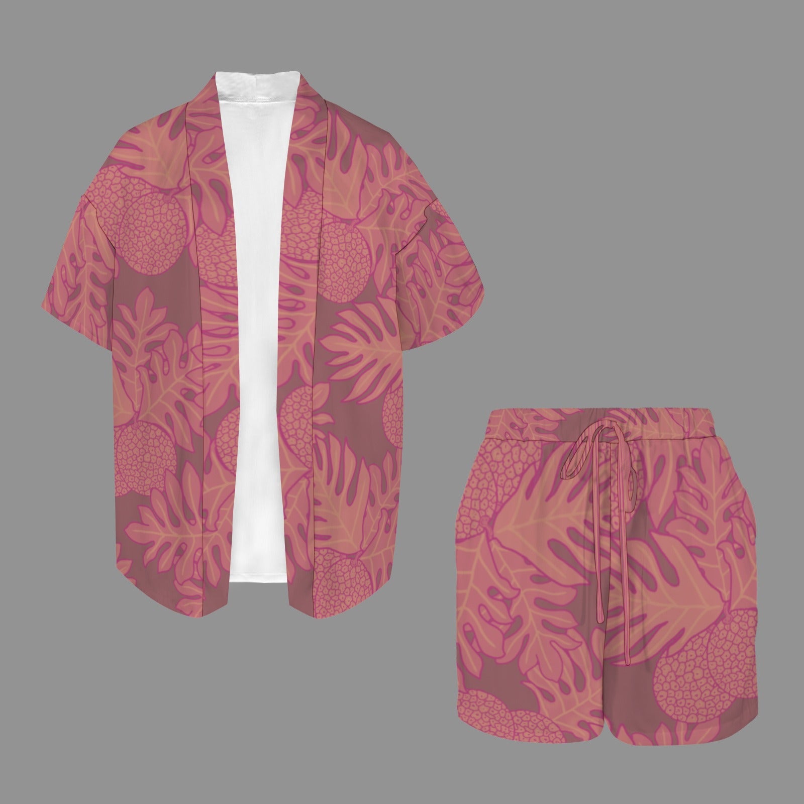 Hunnie Girl 2 PC Set - Open Front Kimono Blouse with Drawstring Waist Shorts - Ulu Pink and Taupe