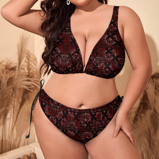 Kahakai Halter Bikini 2 Piece Swimsuit Set Hawaiian Kapa Quilt Red and Black - Curvy Size