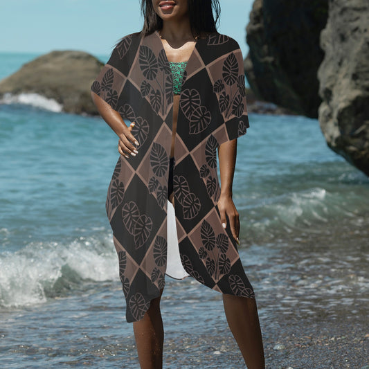 Kalo Quilt in Mocha and Black Long Kimono Chiffon Cover Up