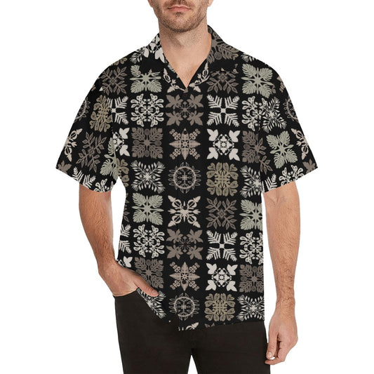 Hawaiian Kapa Kuiki Quilt - Menʻs Aloha Shirt, Black and Browns