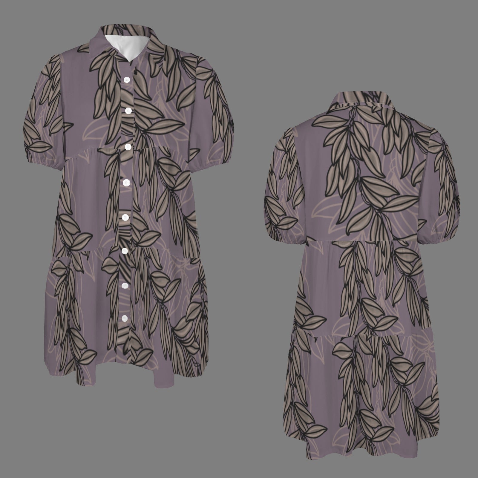 Puʻuwai Maile Button down Puff sleeve dress in Lavender and Black