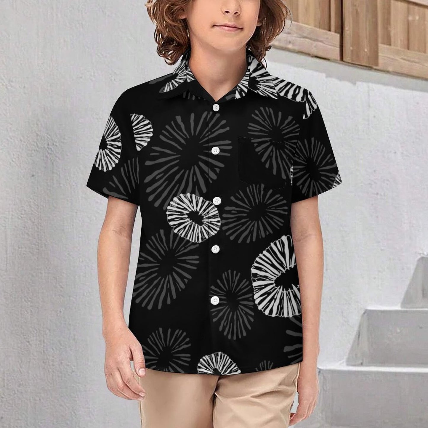 'Opihi Hawaiian Print - Keiki Aloha Shirt, Black and Gray