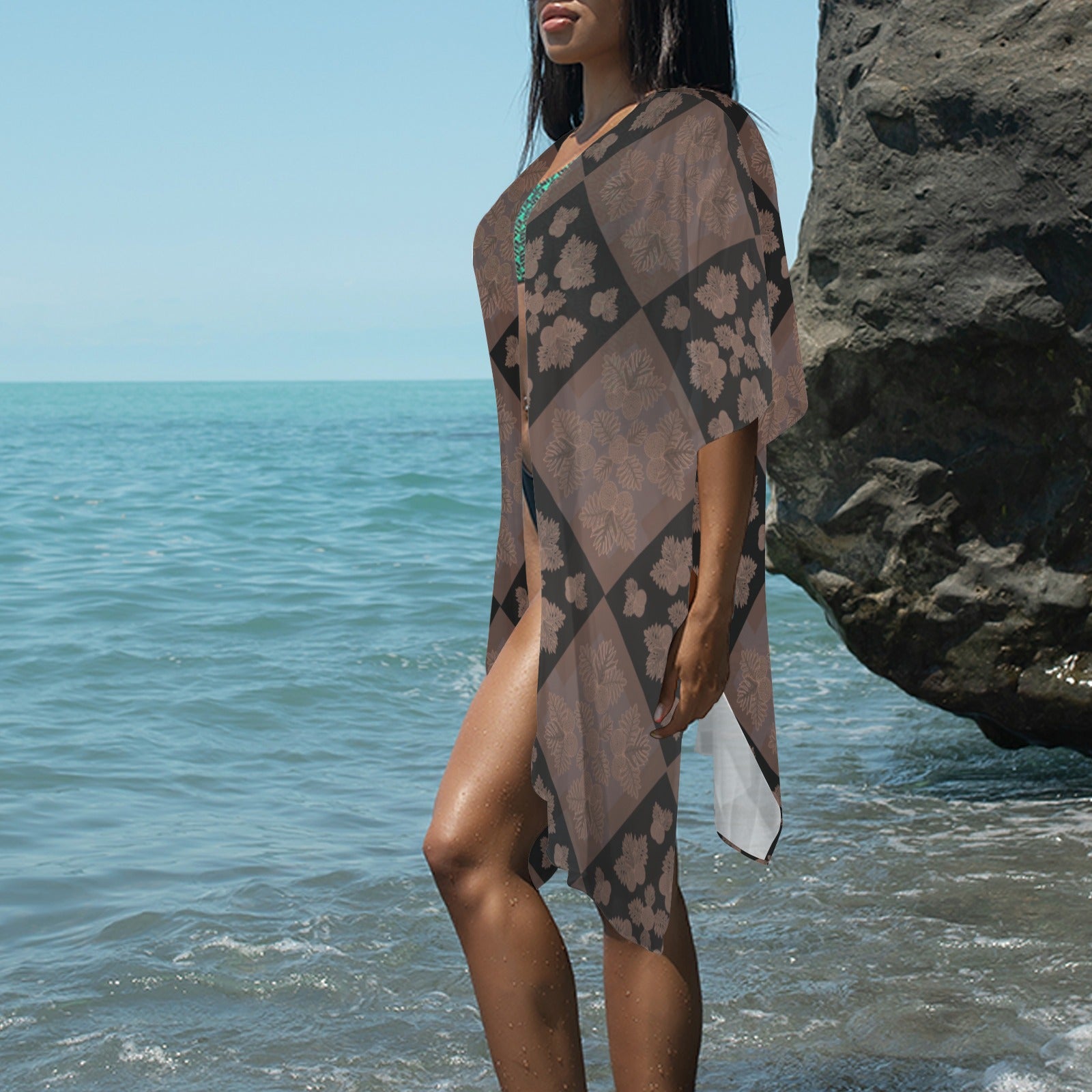 Ulu Quilt in Mocha and Black Long Kimono Chiffon Cover Up