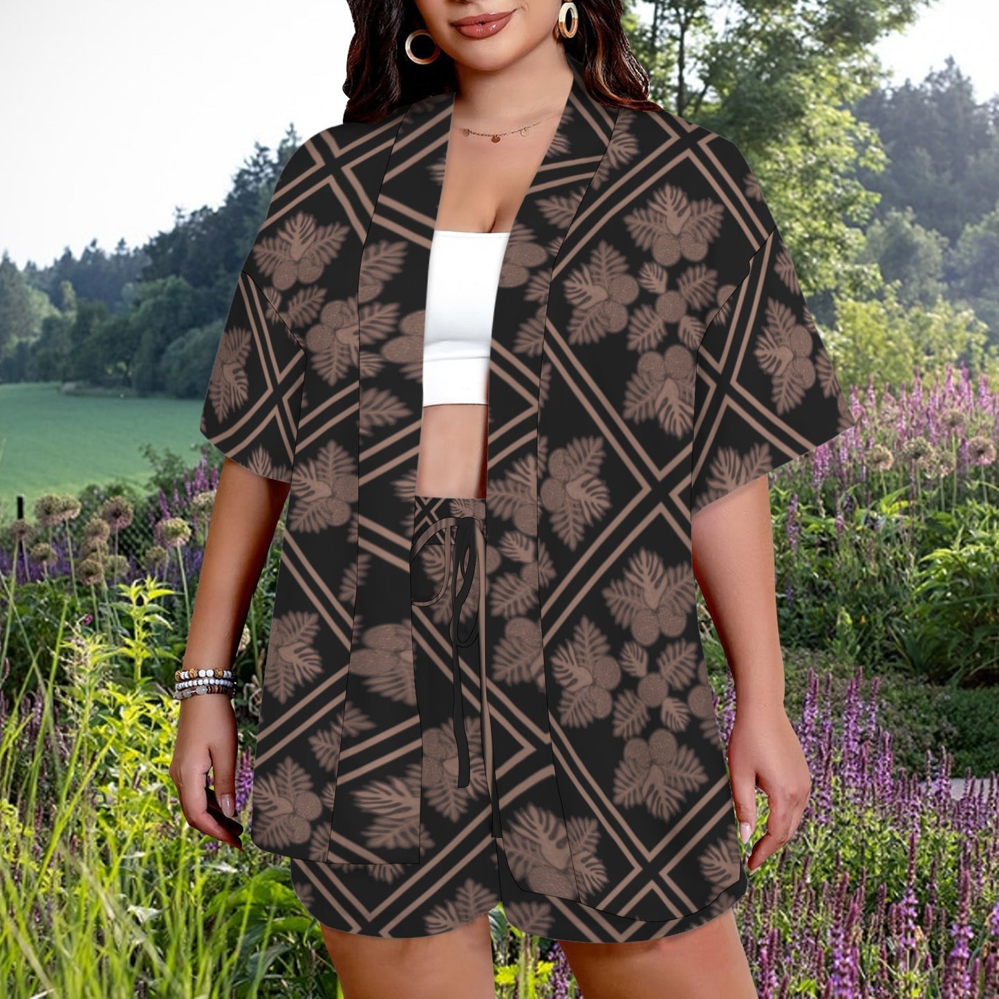 Hunnie Girl 2 PC Set - Open Front Kimono Blouse with Drawstring Waist Shorts - Ulu Quilt Black and Mocha Pattern