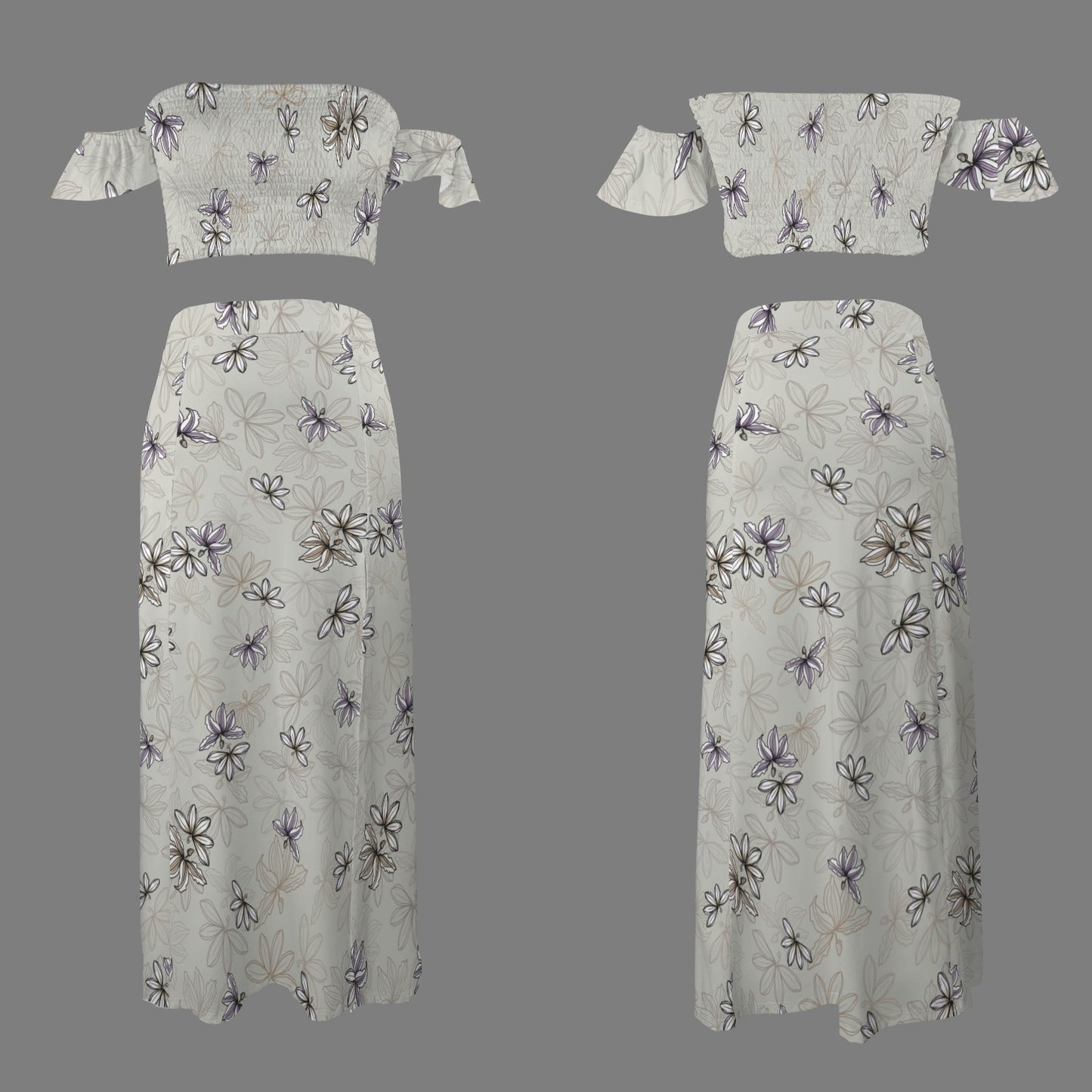 Malino Set in Naupaka (Off Shoulder Smocked Tube Top & High Waist Split Thigh Maxi Skirt) Soft Gray