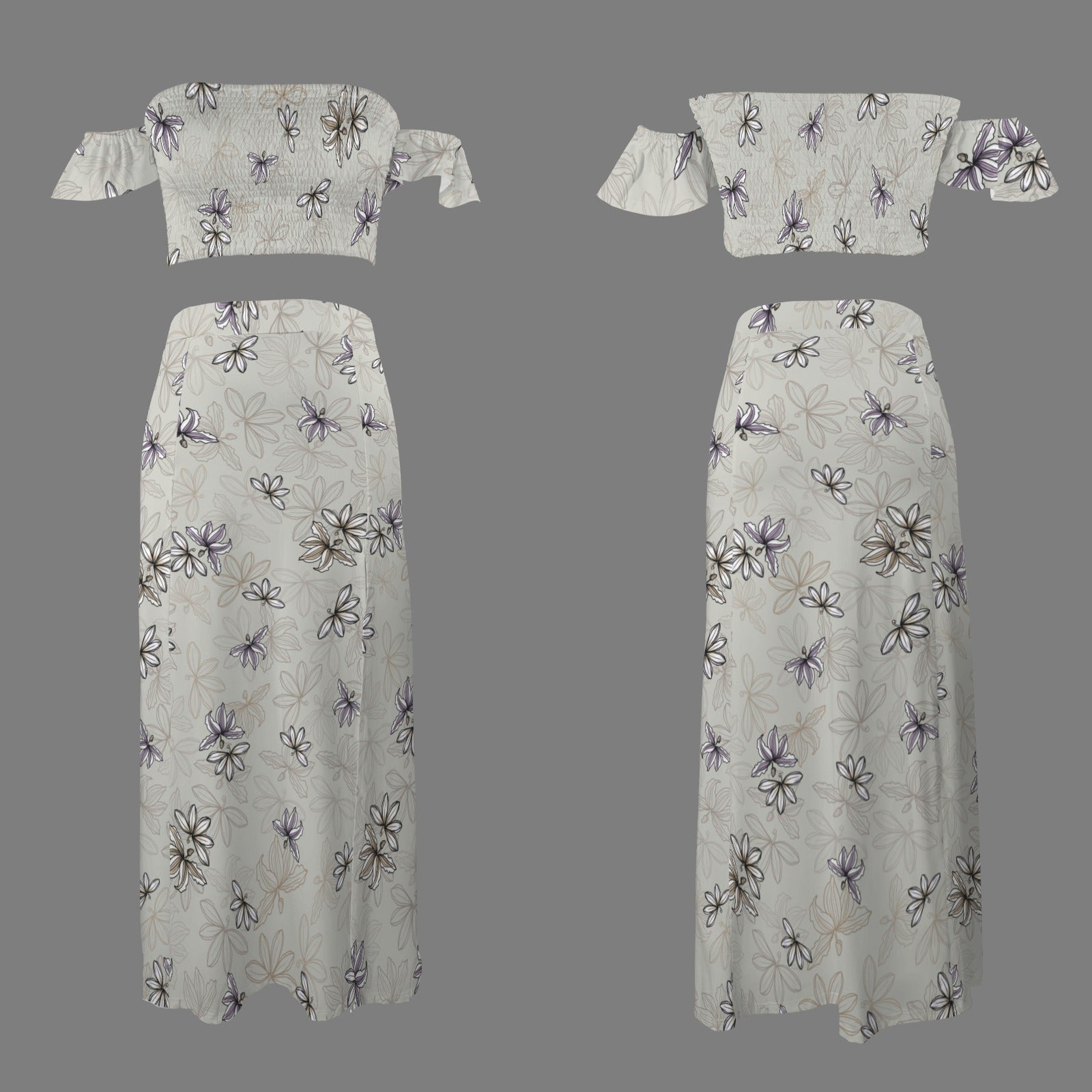 Malino Set in Naupaka (Off Shoulder Smocked Tube Top & High Waist Split Thigh Maxi Skirt) Soft Gray