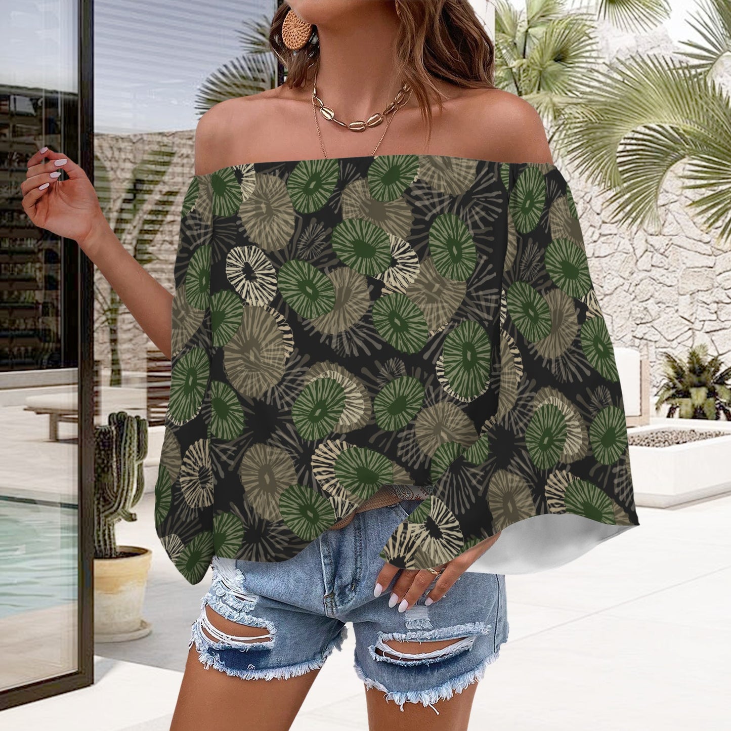 Kolonahe 'Opihi Hawaiian Print Off Shoulder Trumpet Sleeve Blouse - Camouflage