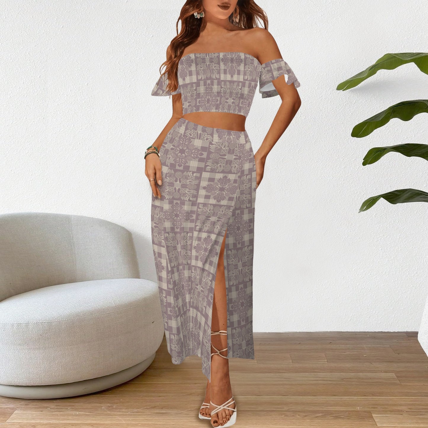 Malino Set in Ulu Kapa Kuiki (Off Shoulder Smocked Tube Top & High Waist Split Thigh Maxi Skirt) Lavender & Taupe