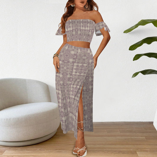 Malino Set in Ulu Kapa Kuiki (Off Shoulder Smocked Tube Top & High Waist Split Thigh Maxi Skirt) Lavender & Taupe