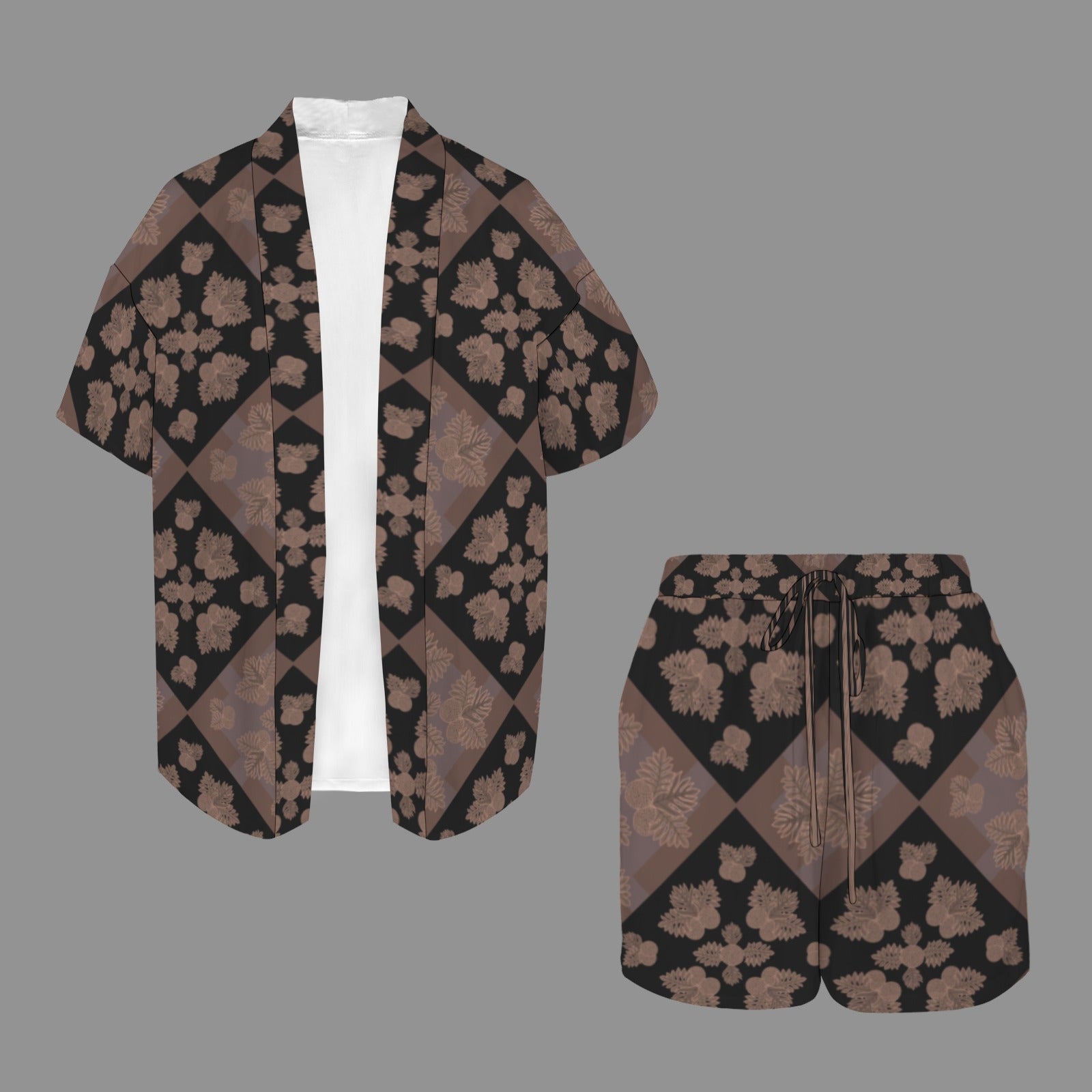 Hunnie Girl 2 PC Set - Open Front Kimono Blouse with Drawstring Waist Shorts - Ulu Quilt Mocha Taupe and Black