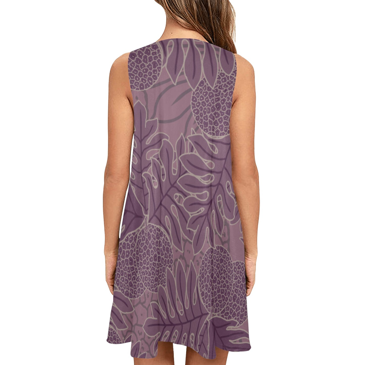 Ulu Breadfruit Hawaiian Print Sleeveless A Line Pocket Dress - Purple