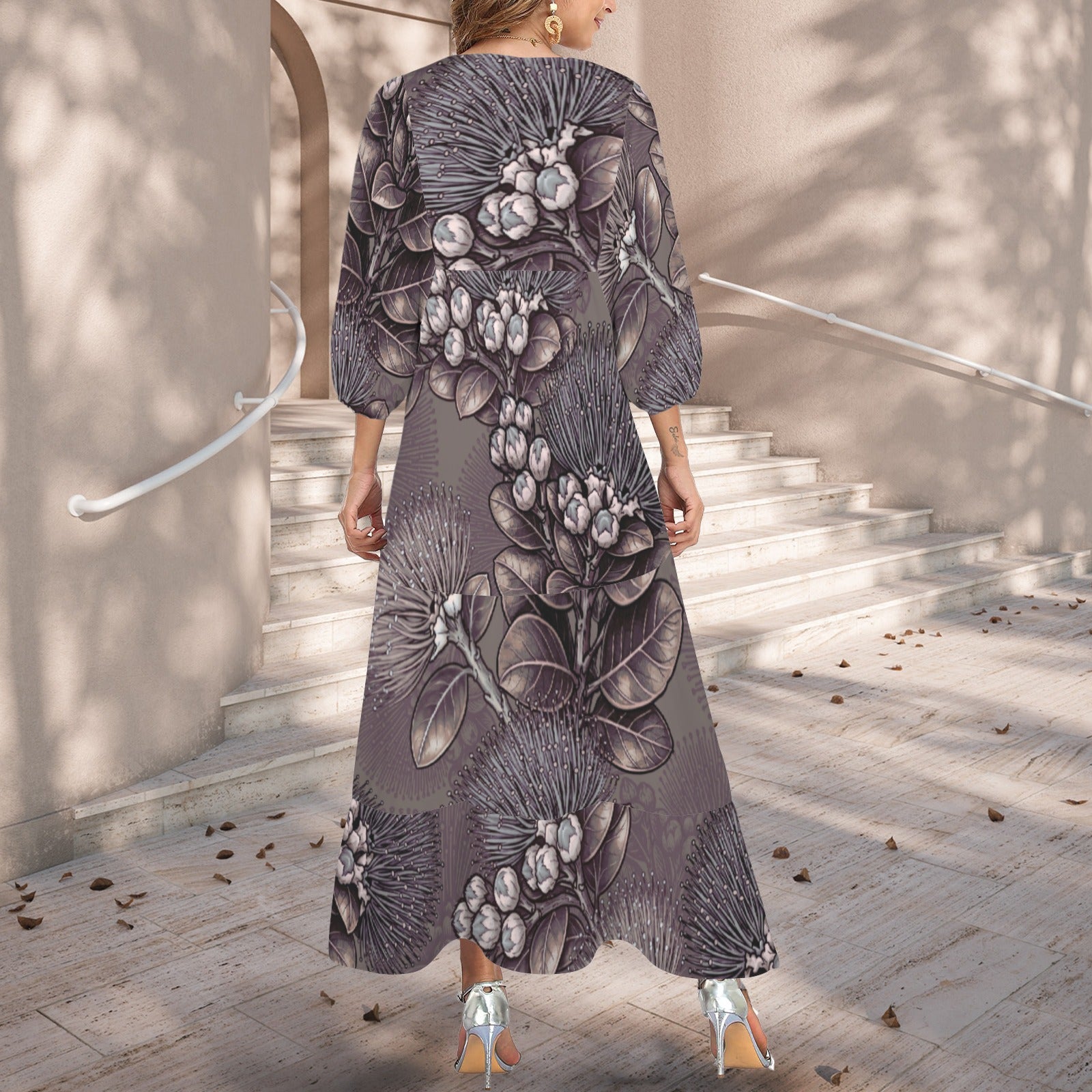 Pauahi Mu'u mu'u maxi dress - 'ōhiʻa lehua in taupe and gray
