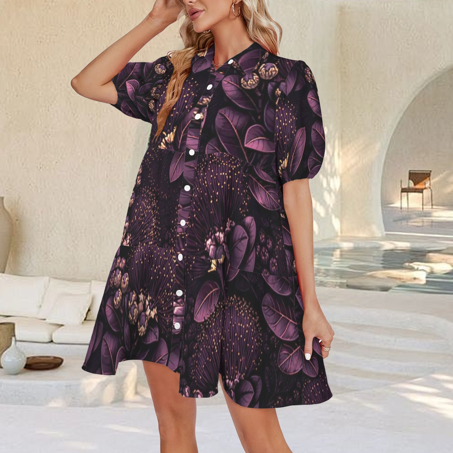 Puʻuwai Button down Puff sleeve baby doll dress in ohia  - purple