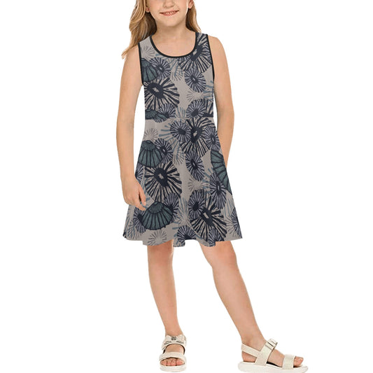 'Opihi Hawaiian Print Girl's Sleeveless Dress - Slate Blue and Taupe
