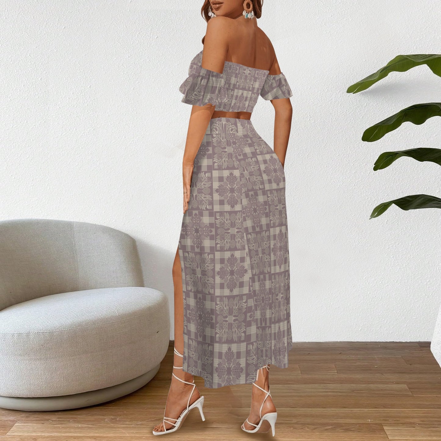 Malino Set in Ulu Kapa Kuiki (Off Shoulder Smocked Tube Top & High Waist Split Thigh Maxi Skirt) Lavender & Taupe