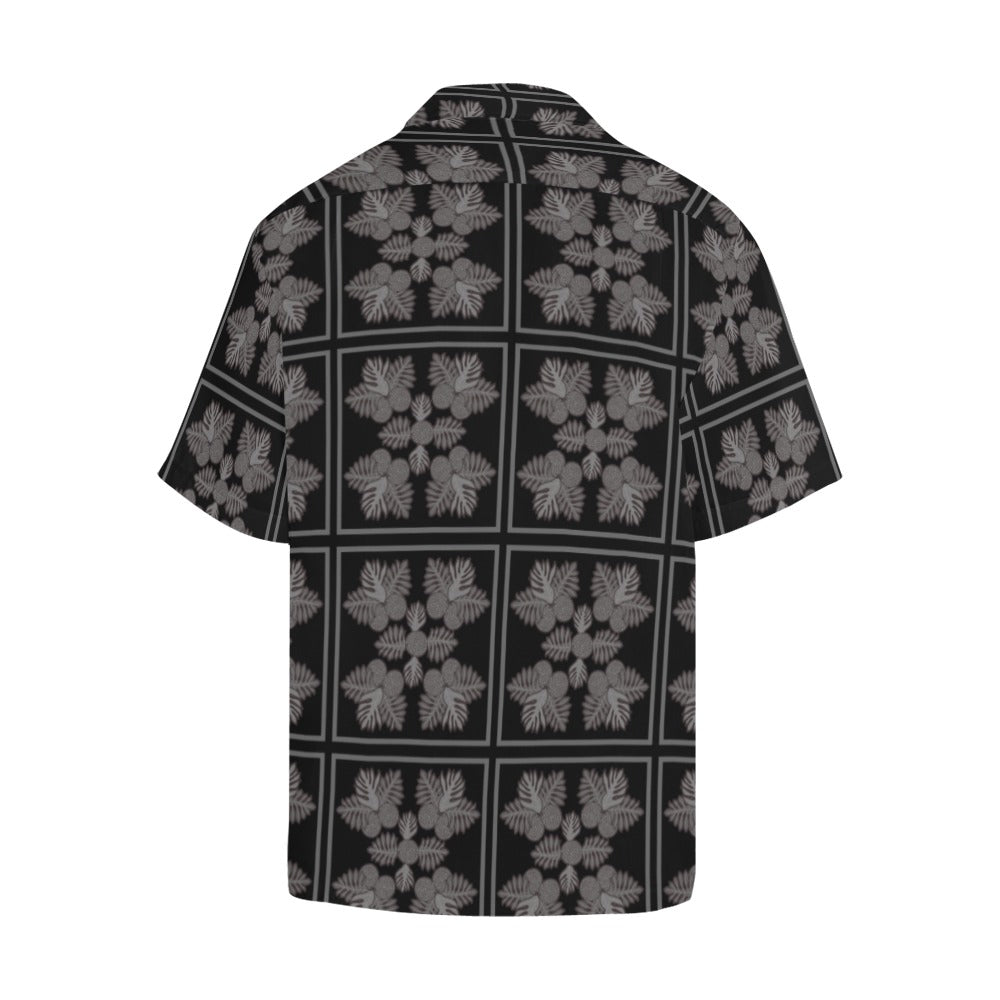 Ulu Quilt Design - Menʻs Aloha Shirt - Black and Gray Square Pattern Hawaiian Shirt