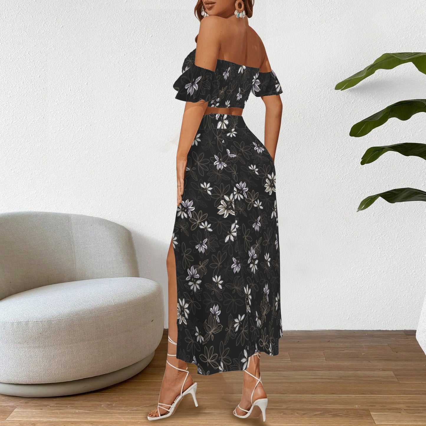 Malino Set in Naupaka (Off Shoulder Smocked Tube Top & High Waist Split Thigh Maxi Skirt) Black
