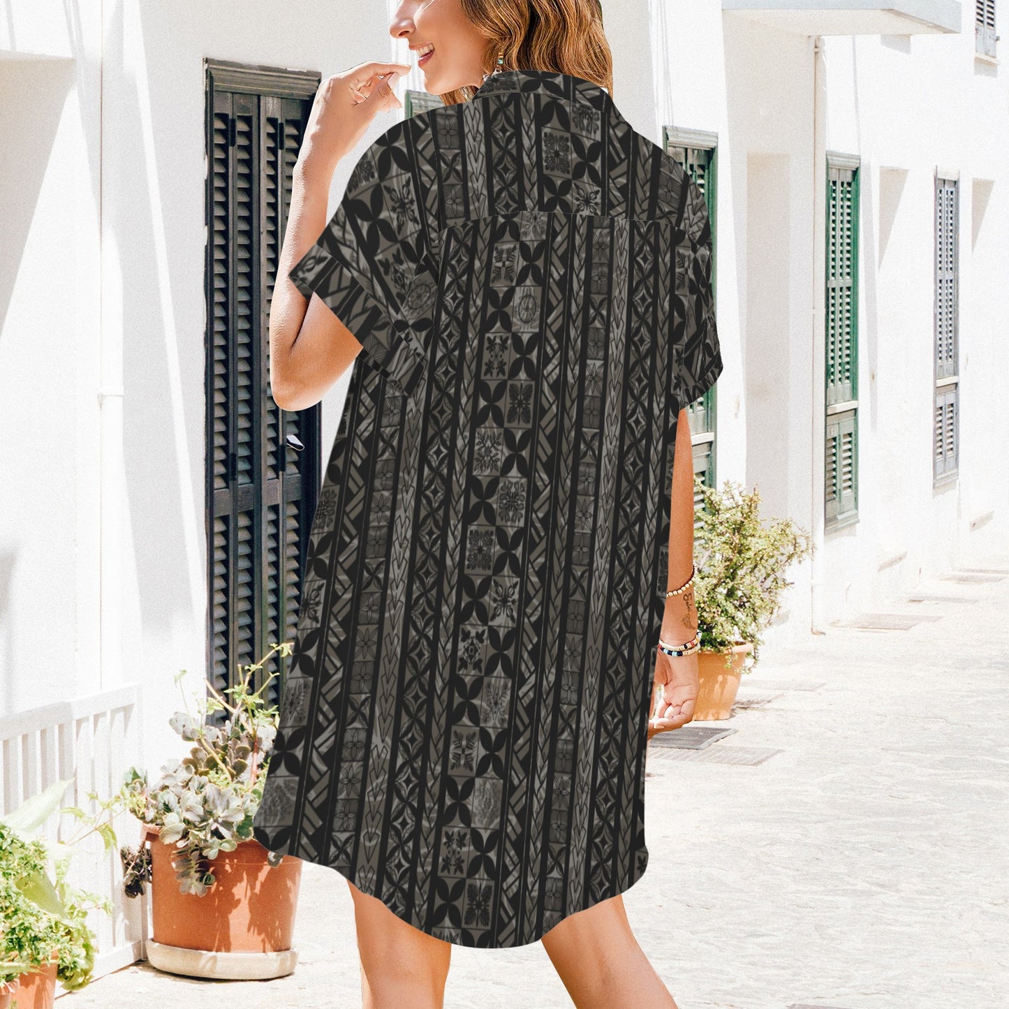 nani 2.0 shirt dress - hawaiian kapa kakau quilt dark gray and black small print