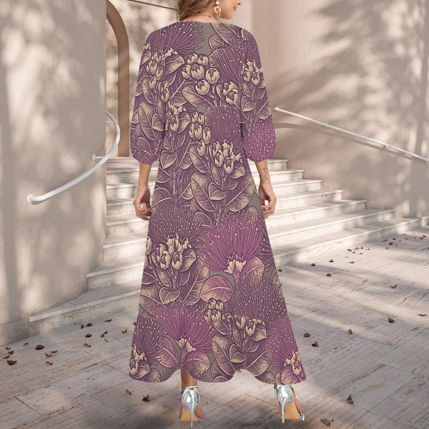 Pauahi Mu'u mu'u maxi dress - 'ōhiʻa lehua in pink and lavender