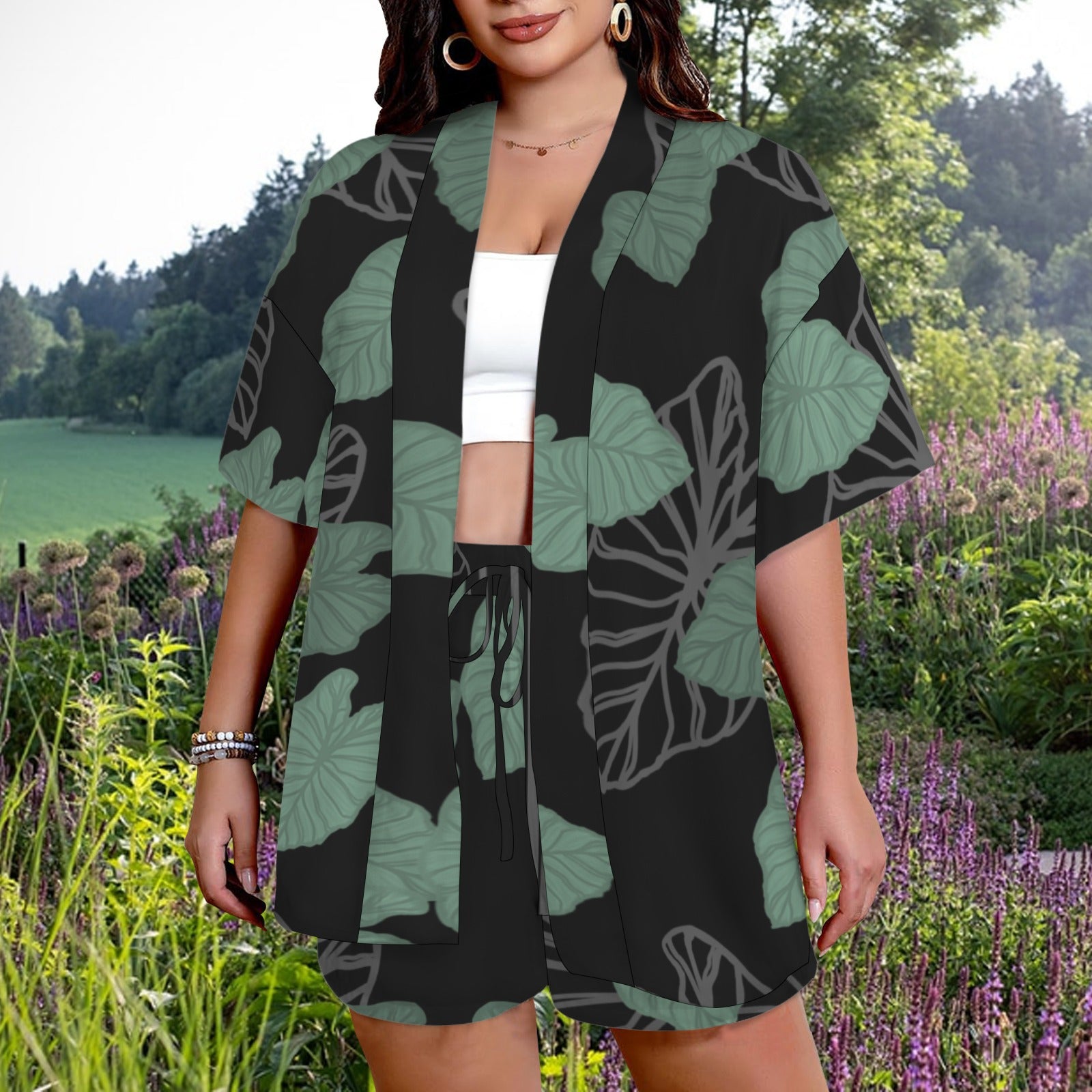 Hunnie Girl 2 PC Set - Open Front Kimono Blouse with Drawstring Waist Shorts - Kalo Black and Green