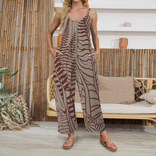 Hawaiian Tropical Leaves & Fern Pleated Cami Wide Leg Jumpsuit