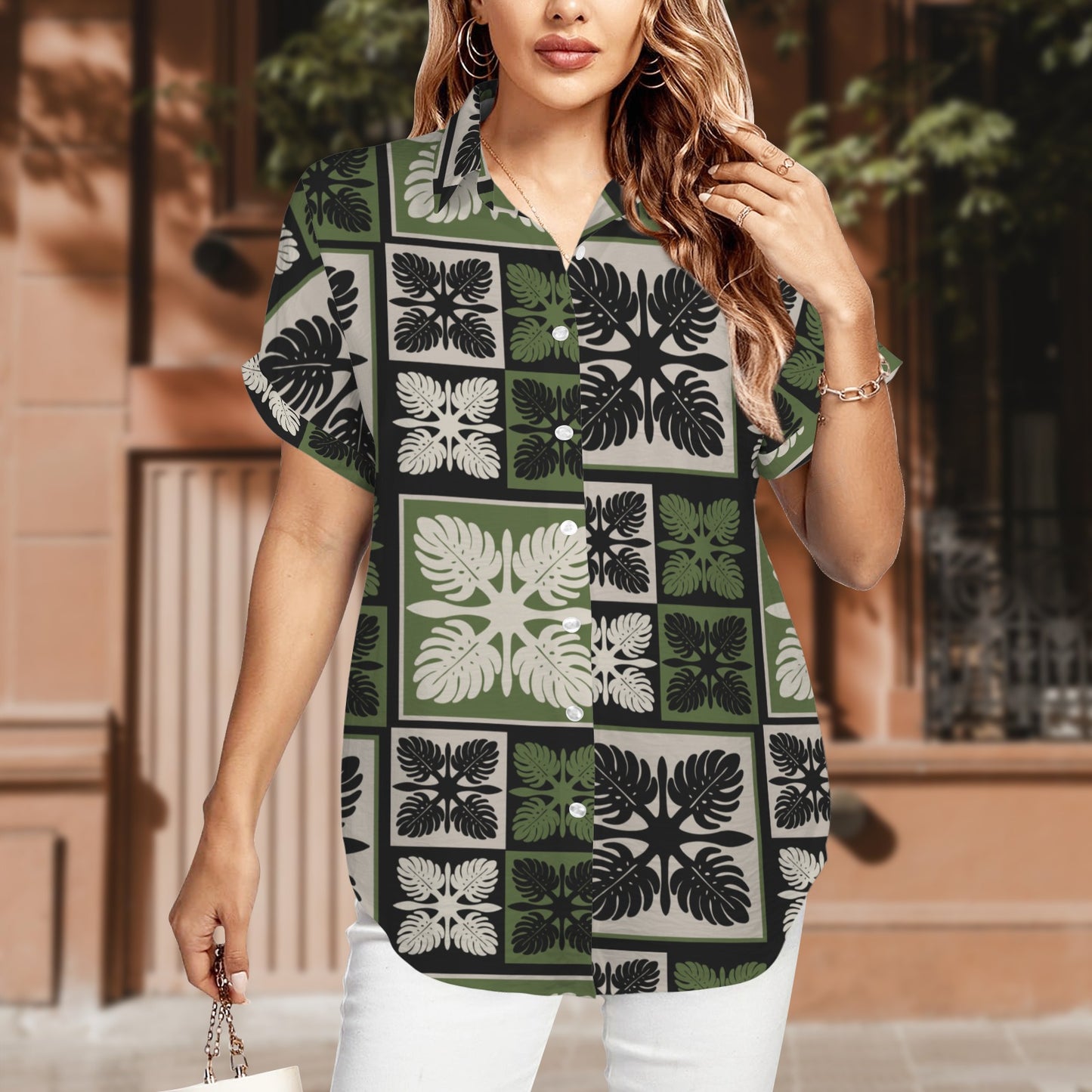Monstera Hawaiian Print Harmony Blouse, Women's Short Sleeve Button Down Shirt - Green