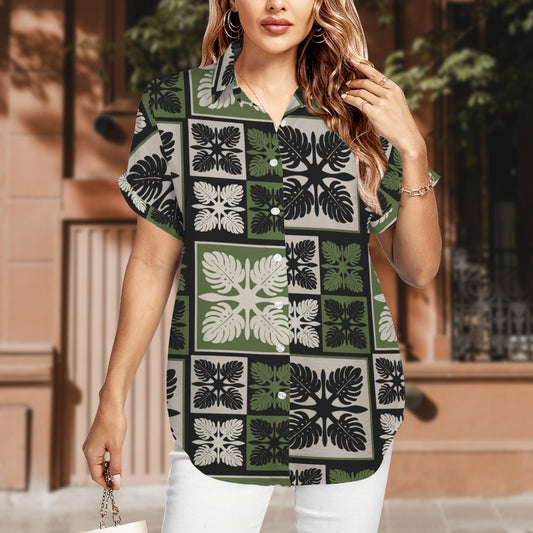 Monstera Hawaiian Print Harmony Blouse, Women's Short Sleeve Button Down Shirt - Green