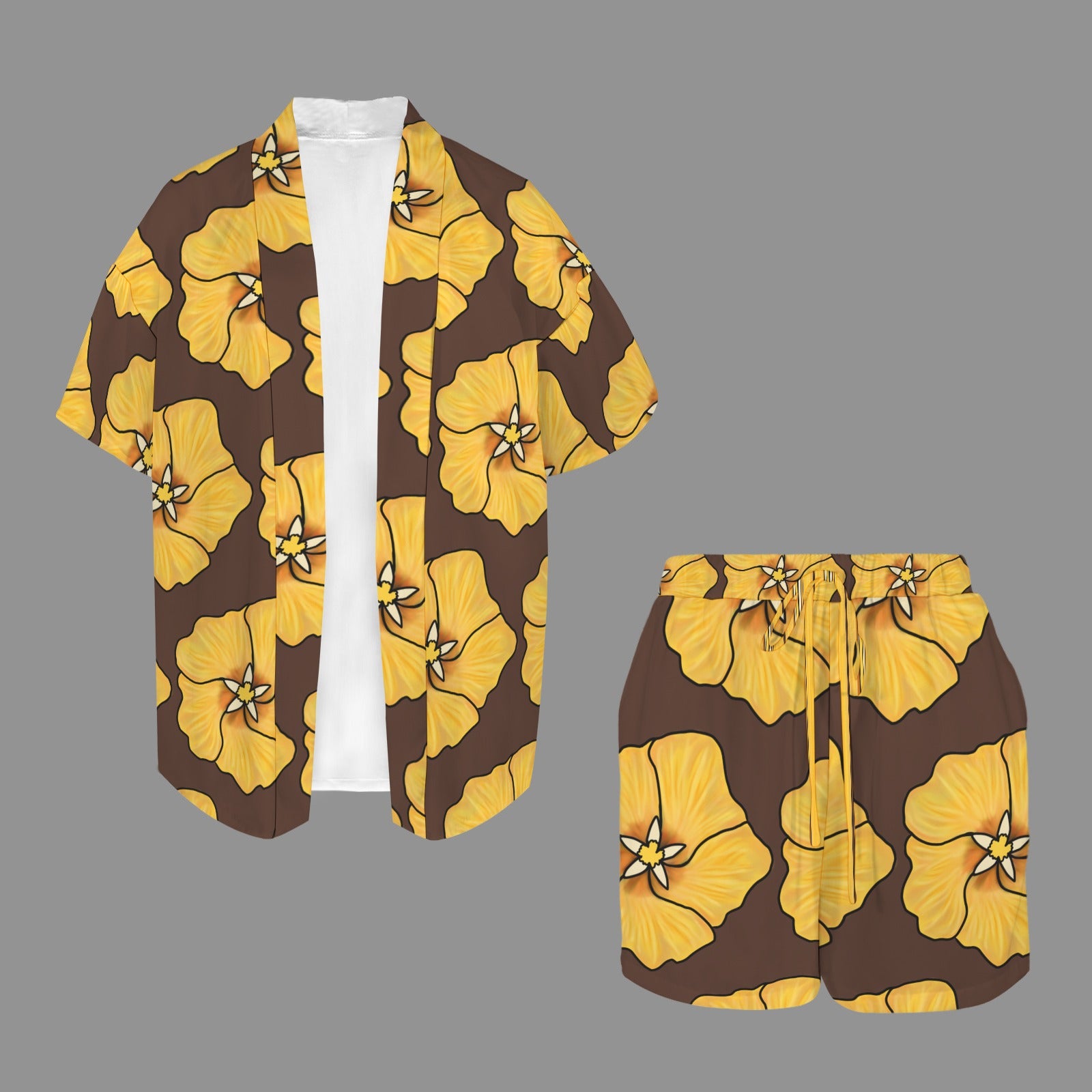 Hunnie Girl 2 PC Set - Open Front Kimono Blouse with Drawstring Waist Shorts - Ilima in Yellow and Brown