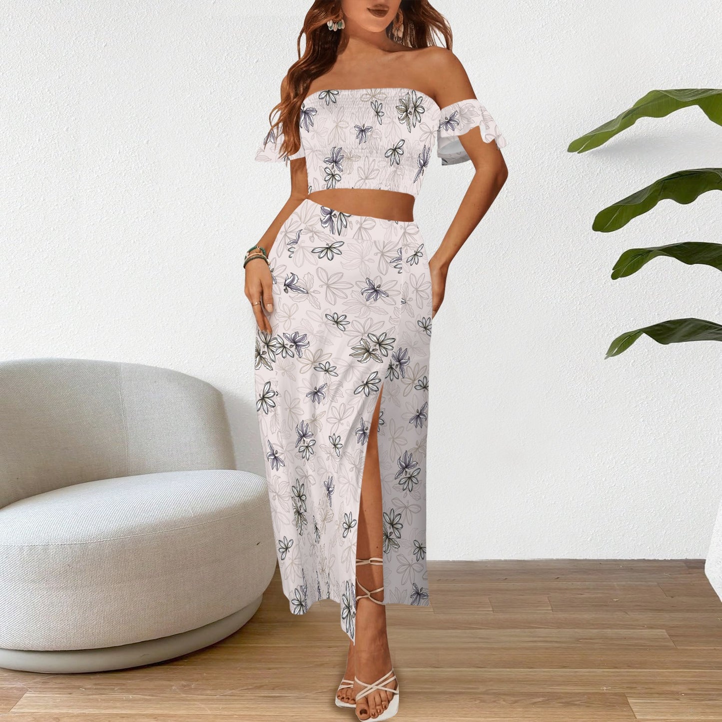 Malino Set in Naupaka (Off Shoulder Smocked Tube Top & High Waist Split Thigh Maxi Skirt) Blush