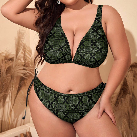 Kahakai Halter Bikini 2 Piece Swimsuit Set Hawaiian Kapa Quilt Green and Black - Curvy Size